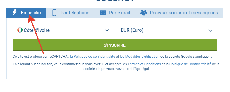 registration in 1xBet one clic